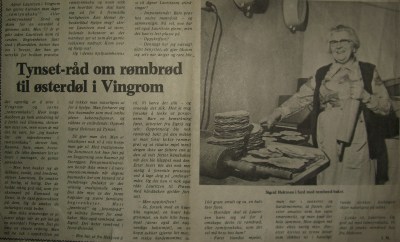 Mormor Sigrid holdt baketradisjonene i hevd. Her er hun i Hamar Arbeiderblad, 15. desember 1974. Hvis du kan lese artikkelen, får du oppskrift på rømmebrød