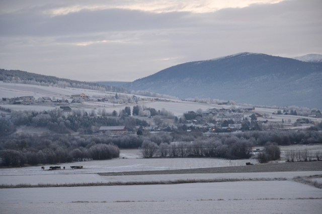 Bygda er grå, eller kanskje også litt blå denne kalde, tidlige novembermorgenen